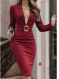 Elegant Deep V-Neck Suit Dress - Long Sleeve High Waist Office Dress with Sashes