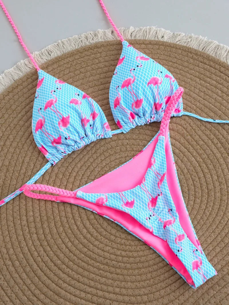 Women's Triangle Lace-Up Bikini Set with Adjustable Straps and Thong Bottom