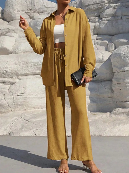 Fashion Solid Set For Women Casual Long Sleeve Turn-down Collar Shirt Tops+High Waist Wide Leg Pants 2 Pieces Sets Lady Clothes