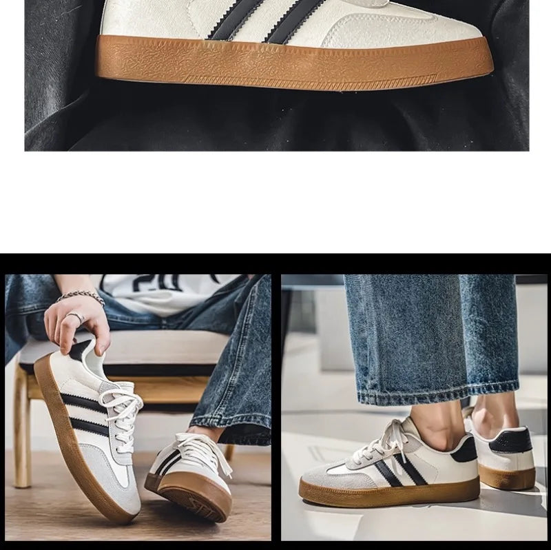 White canvas sneakers with black stripes and tan soles, breathable casual training shoes for daily wear.