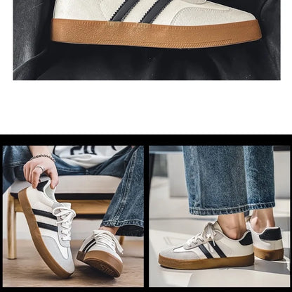 White canvas sneakers with black stripes and tan soles, breathable casual training shoes for daily wear.