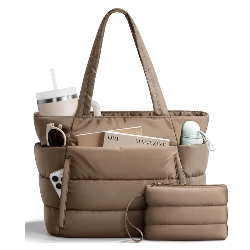 Taupe, quilted polyester multi-pocket tote bag with a zip closure, used for organizing travel and work essentials.