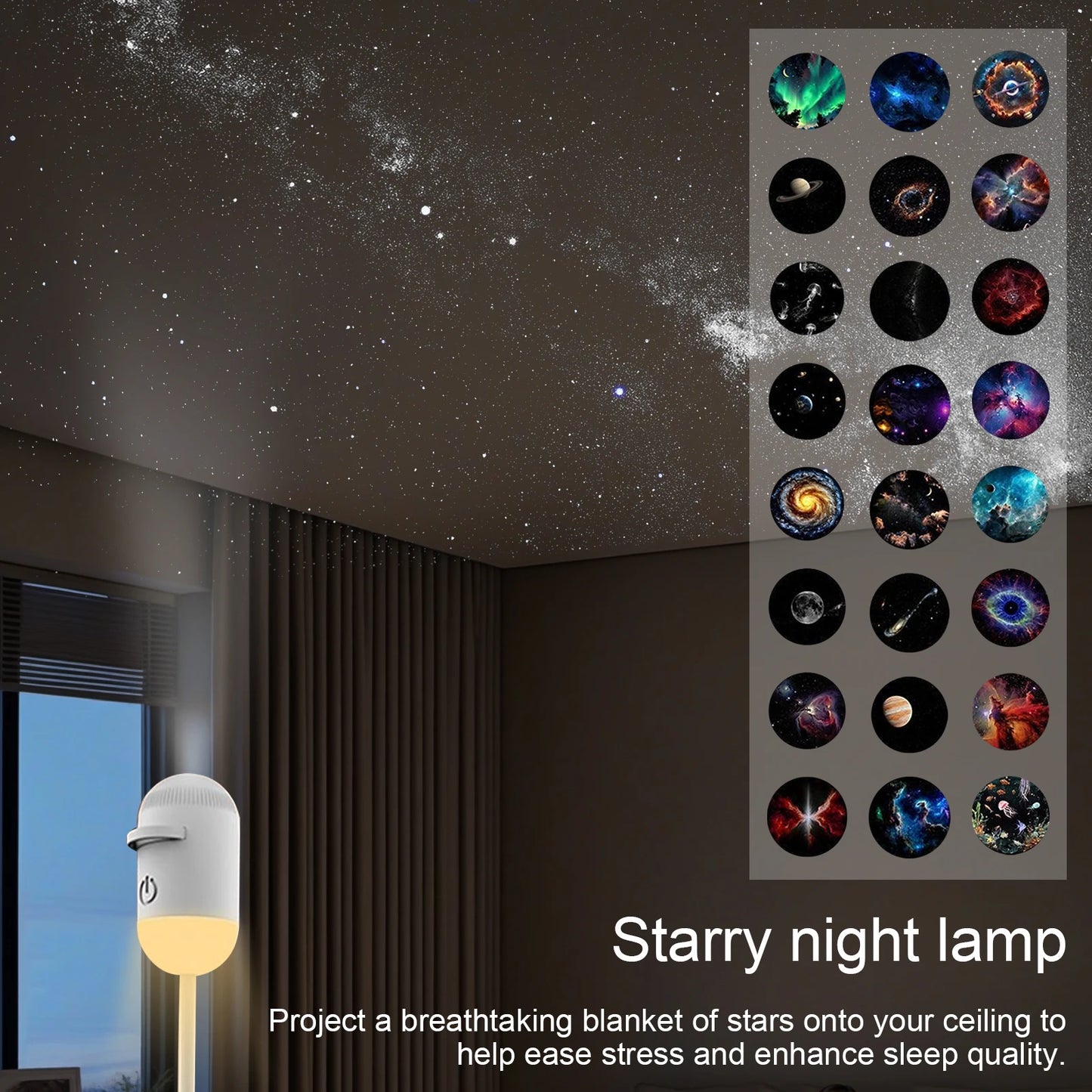 White portable LED ambient projector with adjustable focus for ceiling star displays.