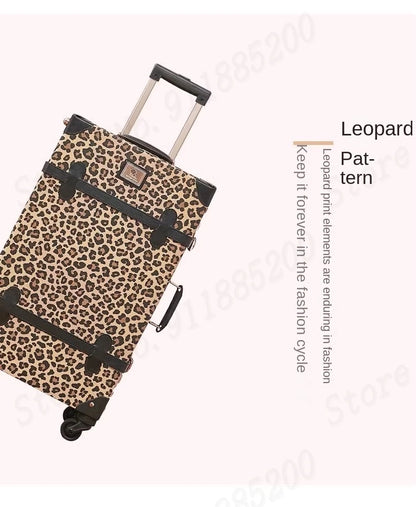 Trendy Retro Luggage Women's Roller Trunk Leopard Print Leather Suitcase 20" Boarding Box Set Waterproof Password Suitcase