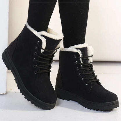 Black suede lace-up ankle snow boots with white faux fur lining and ridged rubber soles.