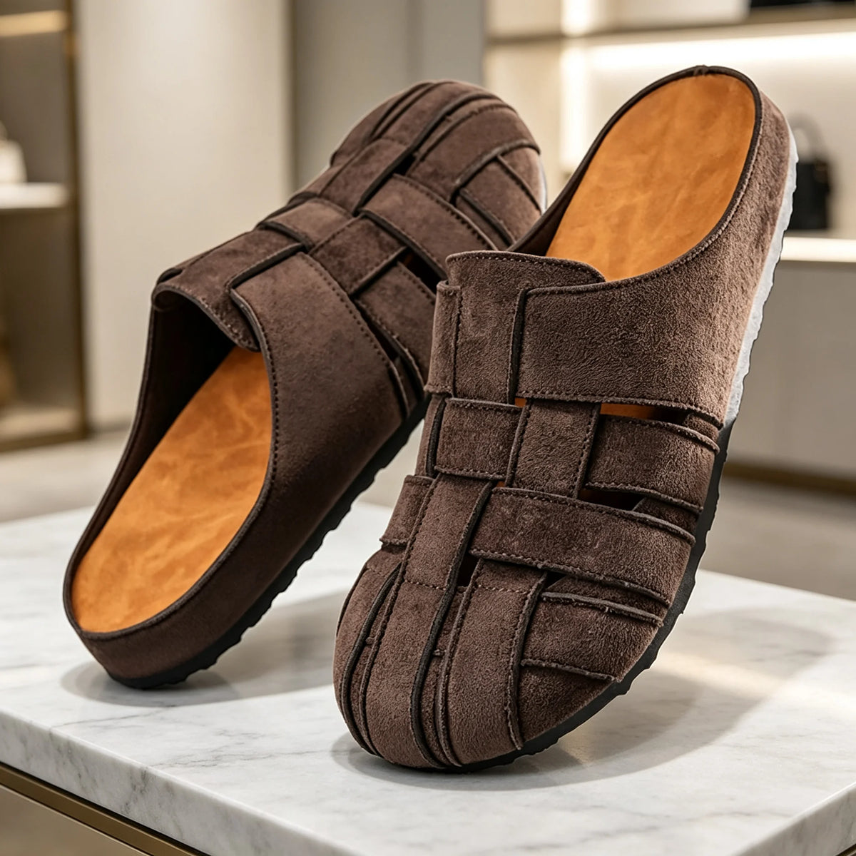 Men's woven closed-toe mule slippers with padded insole