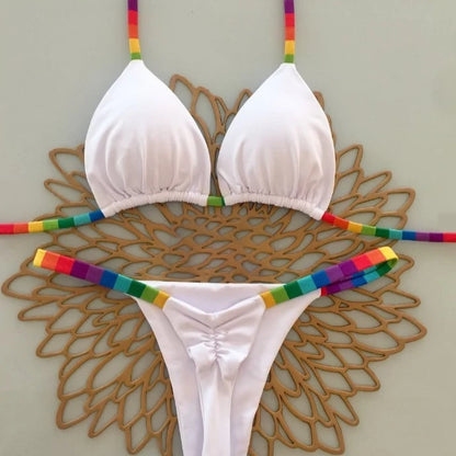 Women's Triangle Lace-Up Bikini Set with Adjustable Straps and Thong Bottom