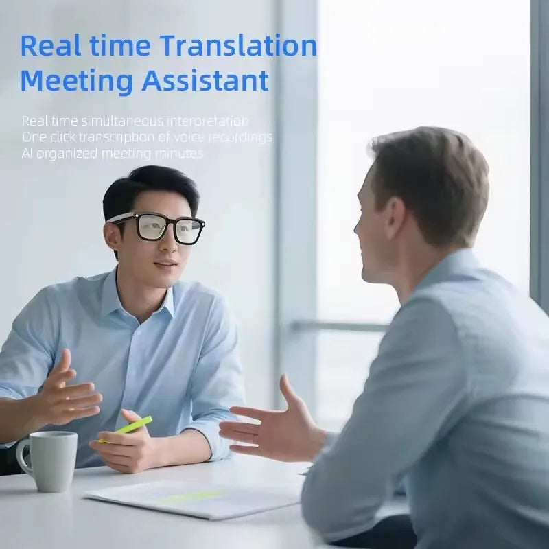 Man wearing lightweight black smart wearables glasses for real-time translation during a business meeting.