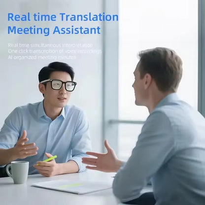 Man wearing lightweight black smart wearables glasses for real-time translation during a business meeting.