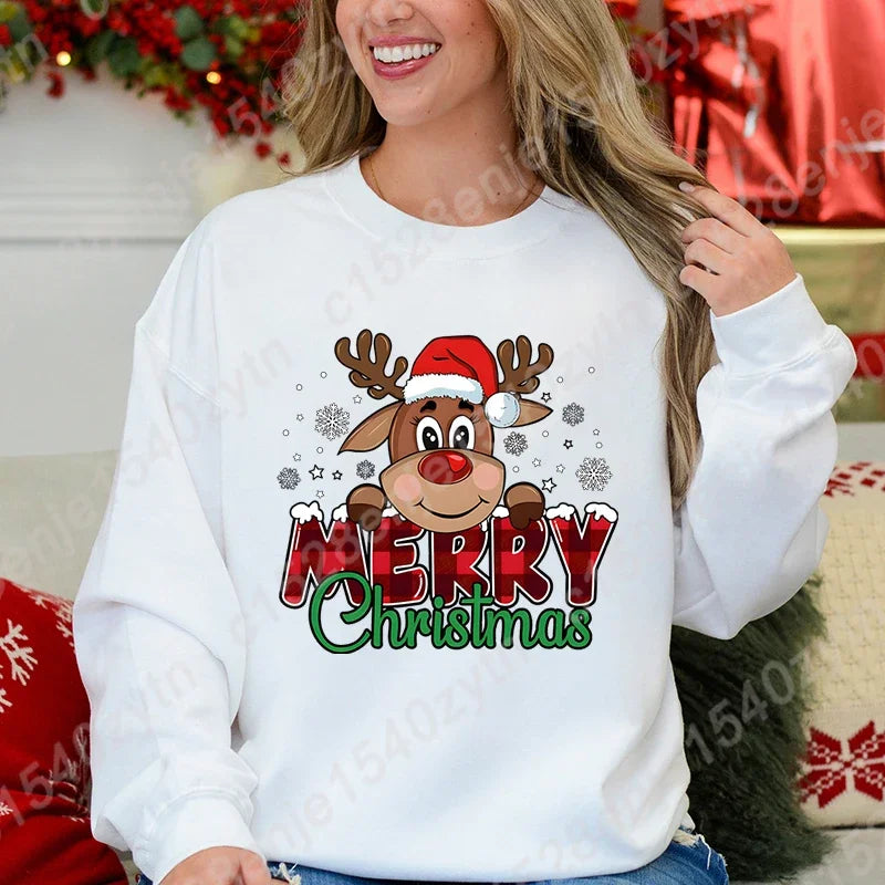 Women’s Christmas Reindeer Sweatshirt Loose Fit Polyester Cotton