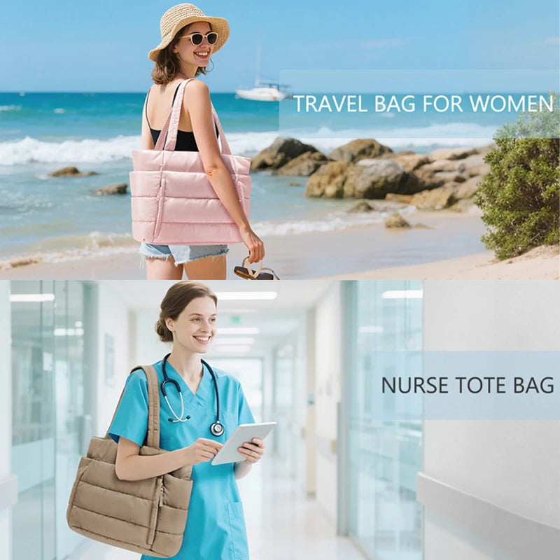 Lightweight pink and beige quilted polyester tote bags with zip closure for travel and work.