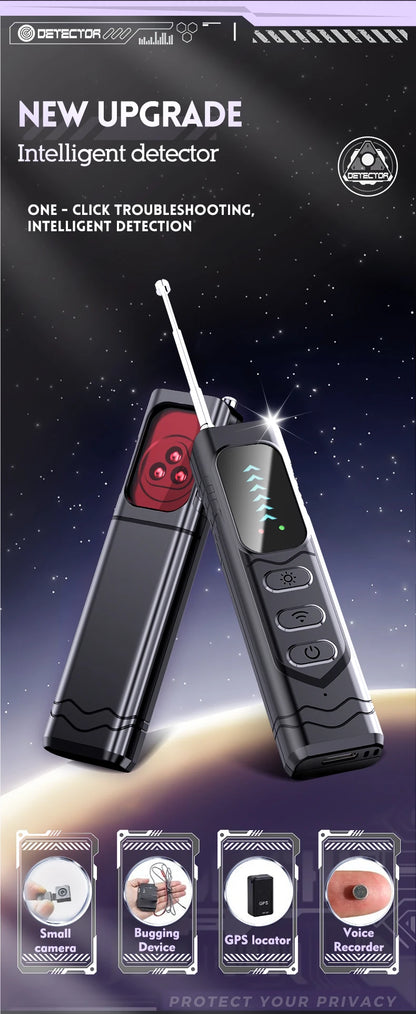 Black plastic smart camera detector with an extendable antenna, red lens viewing window, and three control buttons.