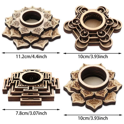 Four carved wooden crystal ball holders in lotus, geometric, and square mandala styles, featuring natural wood and dark edges.