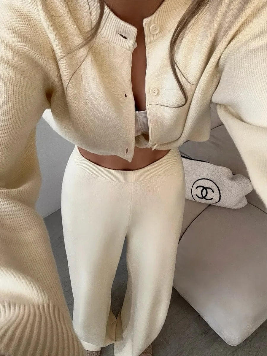 Women’s Knit Cardigan And Pants Set Slim Fit Long Sleeve Winter