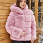Luxe Women's Short Hooded Faux Fox Fur Coat Fashion Streetwear with Faux Fur Trim Thickened Winter Faux Fur Outwear