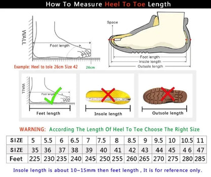 Diagram showing foot measurement techniques for men's breathable casual training shoe sizing guide.
