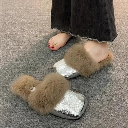 Women's Autumn/Winter Outdoor Wear New Style Flat Bottom Fur Slippers One Foot Drag No Heel Mule Fur Slippers Adult Simple