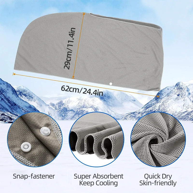 Grey, breathable mesh cooling hoodie towel with snap-fasteners for sports and gym use.