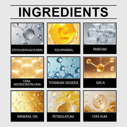 Foundation stick ingredient chart displaying tocopherol mineral oil and titanium dioxide formulas