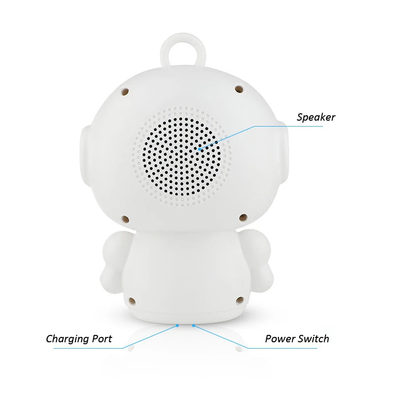Back view of a white plastic education robot with rear speaker, charging port, and power switch for interactive play.