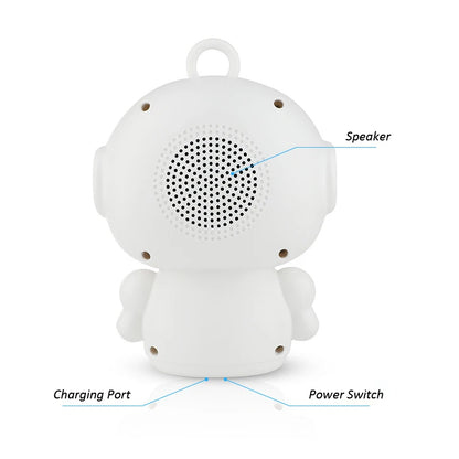 Back view of a white plastic education robot with rear speaker, charging port, and power switch for interactive play.