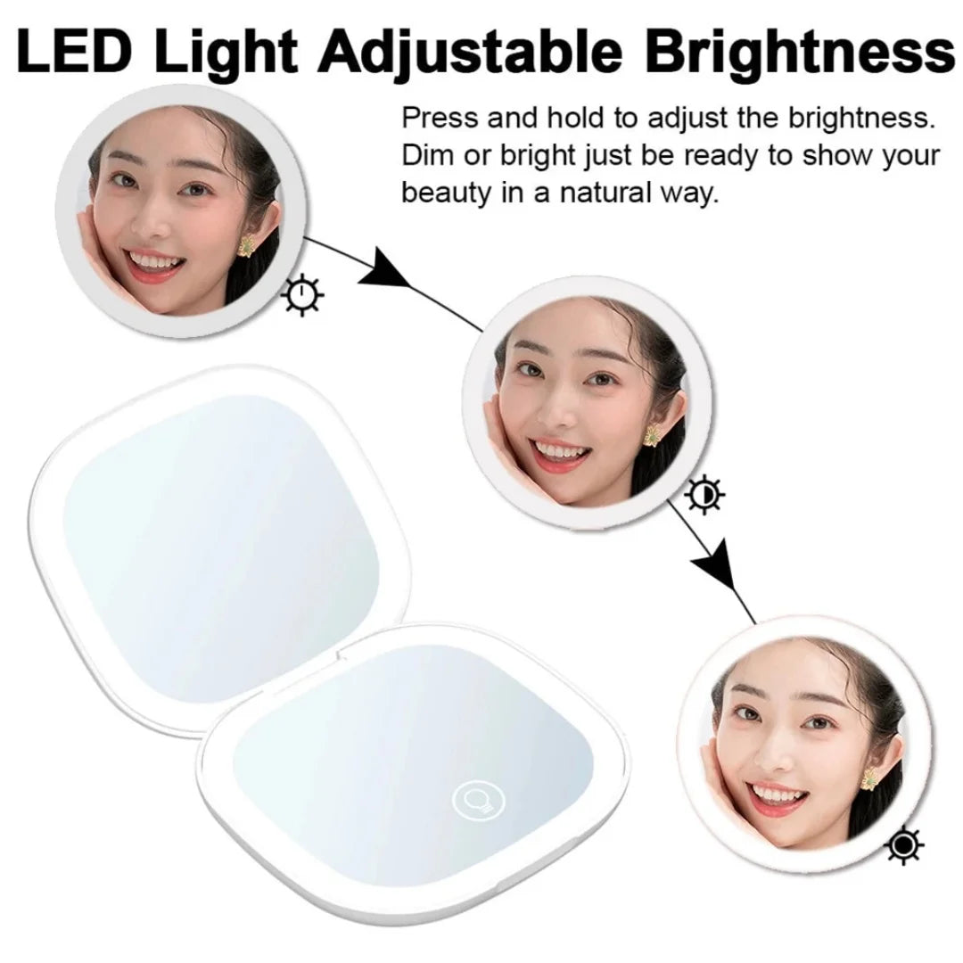 Rechargeable makeup mirror with adjustable LED brightness and tabletop vanity light design