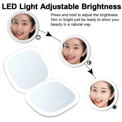Rechargeable makeup mirror with adjustable LED brightness and tabletop vanity light design