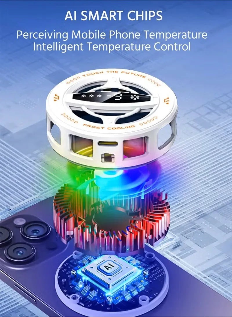 White circular magnetic phone cooling fan with RGB light and digital display for mobile gaming and streaming.