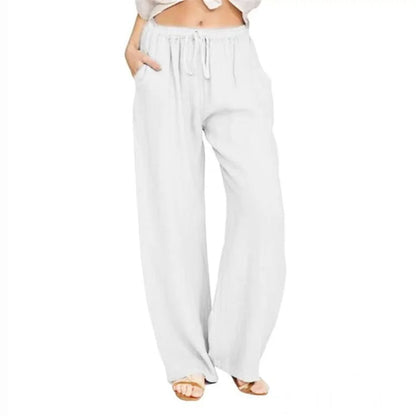 Women's wide-leg cotton-linen pants with drawstring waist