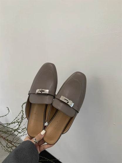 2025 Summer Autumn New Women's Leather Comfortable Slip On Slippers Daily Metal Decoration Casual Outside Mules Female Sandals
