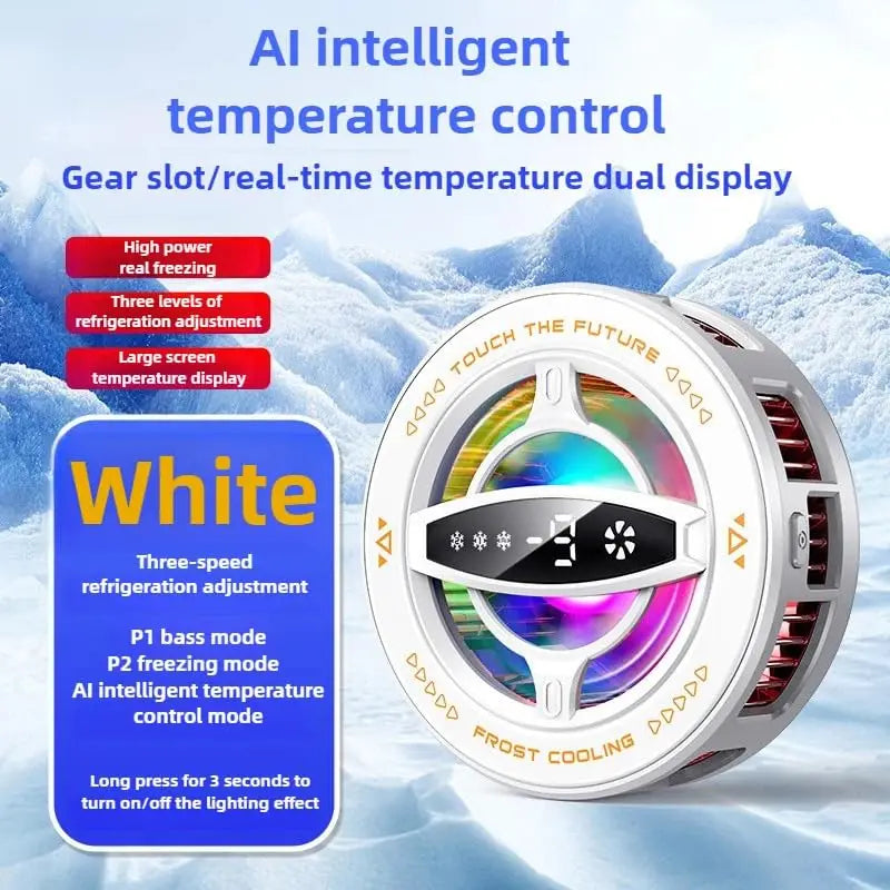 White round magnetic phone cooling fan with LED ring display for mobile gaming and temperature-controlled streaming.
