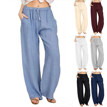Women's wide-leg cotton-linen pants with drawstring waist