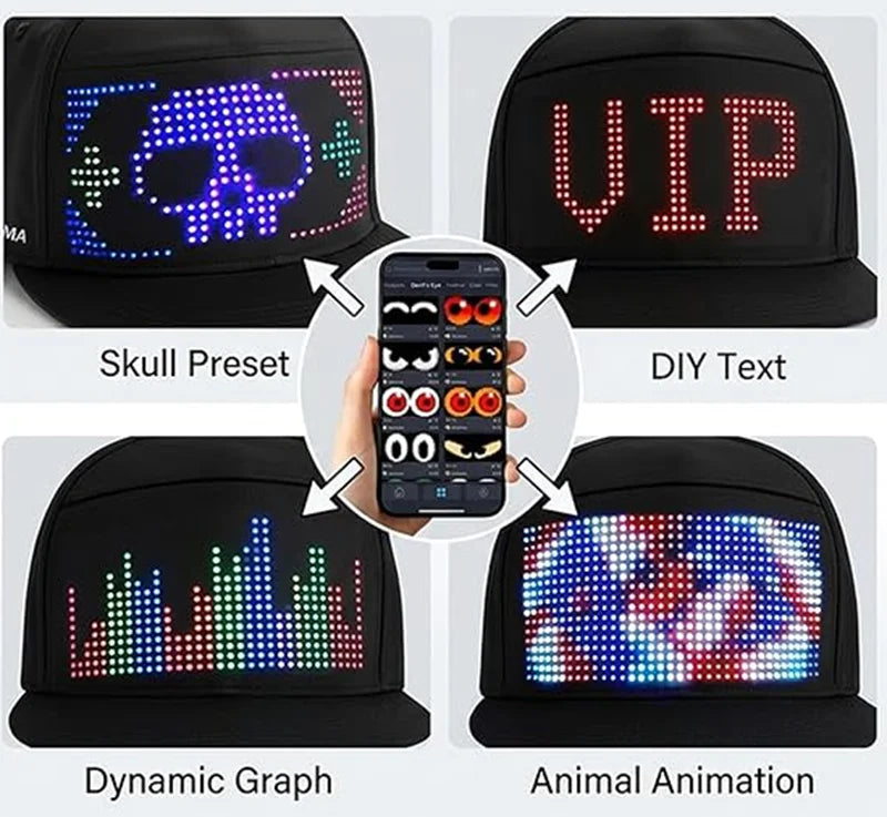 LED message display baseball cap with customizable text