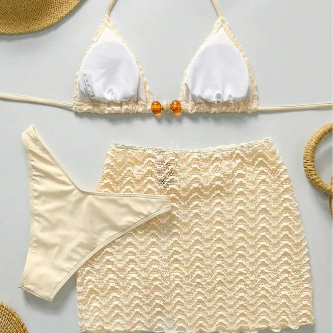 Women's Halter Push-Up Three-Piece Bikini Set with Skirt Cover-Up