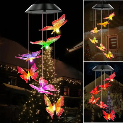 Solar wind chimes LED outdoor hanging light with glowing butterflies