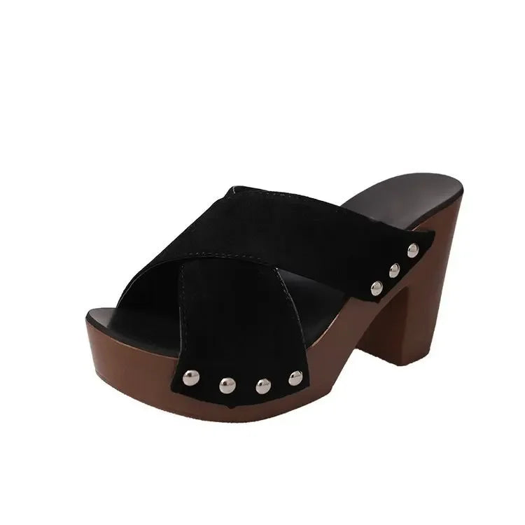 Black flock peep toe platform sandals with silver rivets and a brown block heel for casual wear.