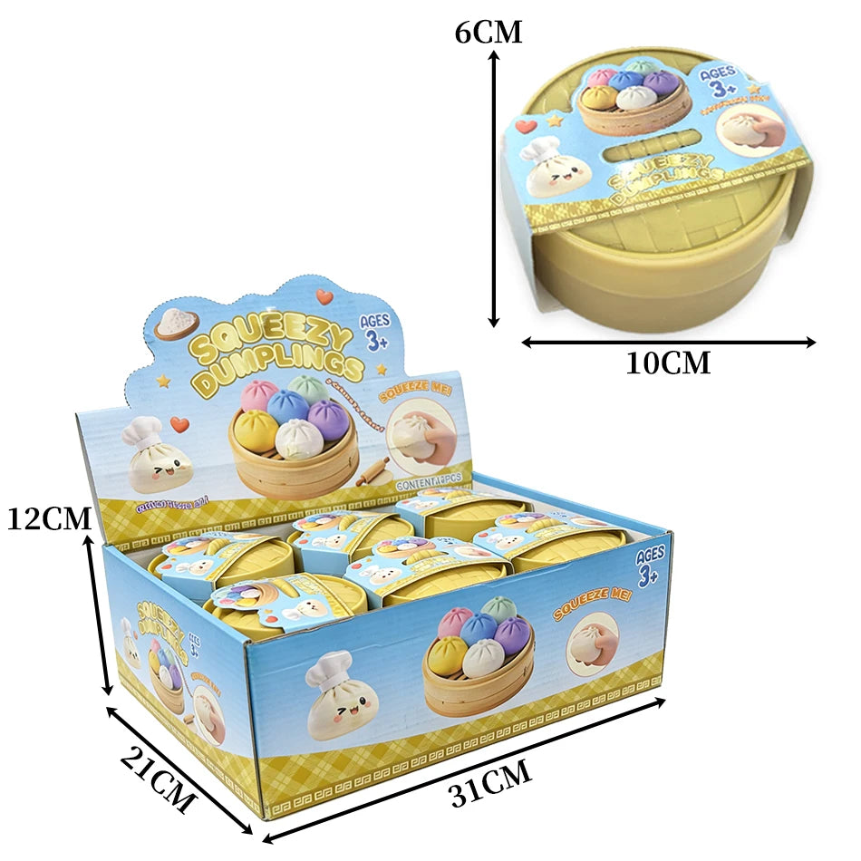 Soft, colorful silicone dumpling squishies in a bamboo-style case for a sensory fidget toy.