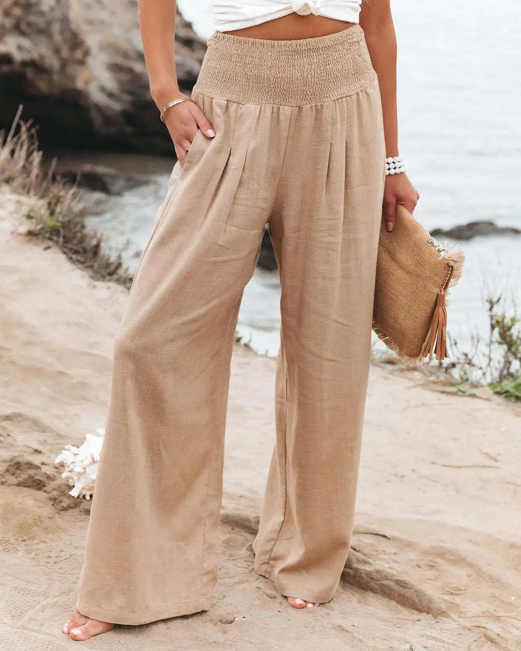 Women's Nylon-Cotton Blend Pants With Drawstring Wide-Leg And Mid Rise Breathable
