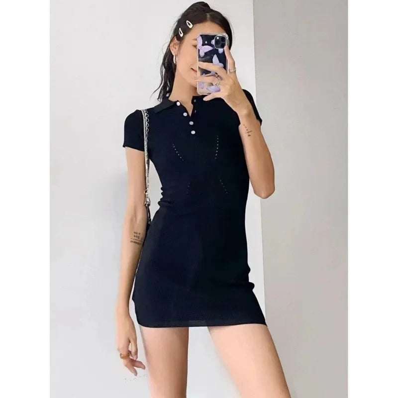Breathable Polo Neck Knit Dress with Hollow Out Panels for Beachwear
