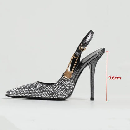 Sequined Slingback Pumps with Rhinestone Buckle for Women featuring Slim 9.6 cm Heel