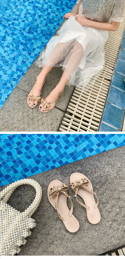 Studded Flat Bot Thong Slippers Holiday Beach Sandals Women's Jelly Slip-On oes Comfortable Casual PVC Footwear