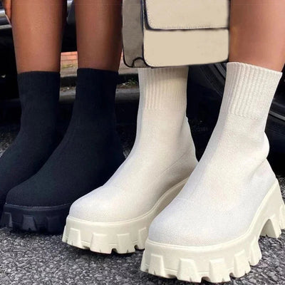 CloudStep Luxe Platform Sock Shoes Boots – Chunky Knit Stretch Boots with Heels | Trendy Women’s Fashion Streetwear Shoes
