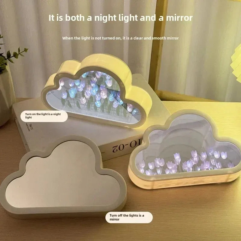 Cloud-shaped LED home decor with hidden tulip mirrors, ideal for desk lighting and ambient glow.