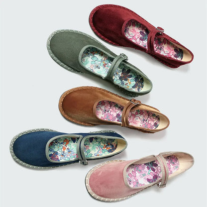 Women's floral-lined Mary Jane flats with buckle strap