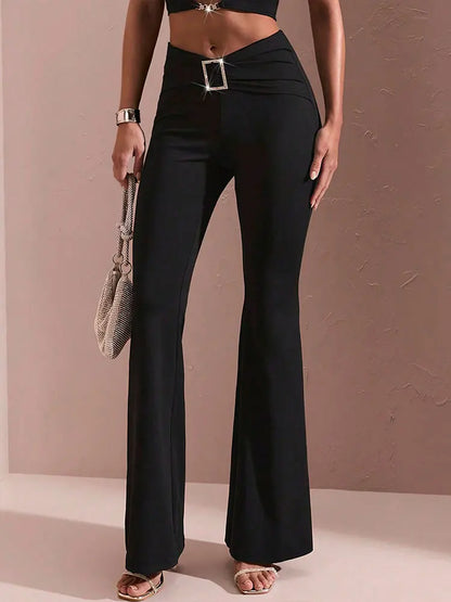 Sequined Pants with Belted Flared Design for Women Black Ankle Length Contouring Silhouette