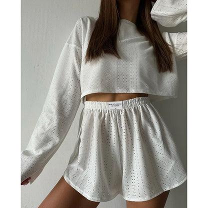Soft Two-Piece Pajama Set with Long Sleeve Top and Shorts for Women
