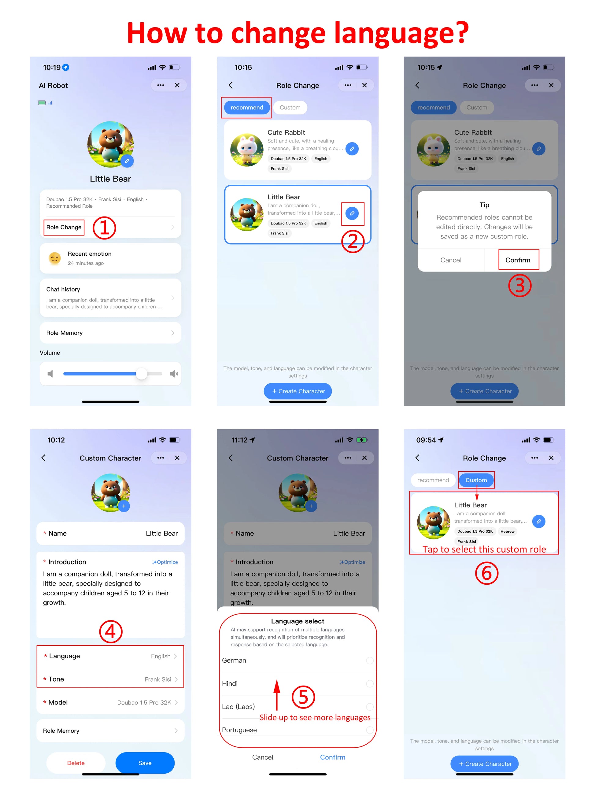 App screens for plastic education robot showing steps to select a language and customize character settings for play.