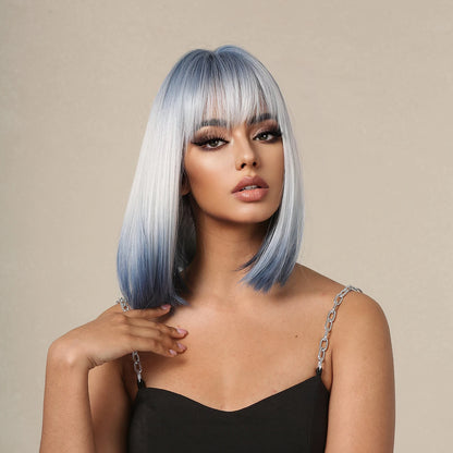 Synthetic Wigs Short Ombre Sky Blue White Wig with Bangs Straight Blunt Bob Cut Hair for Women Halloween Cosplay Heat Resistant
