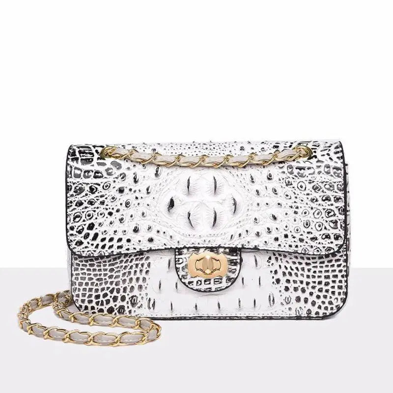 Textured Leather Crossbody Bag With Crocodile Pattern And Durable Build And Everyday Chain Strap