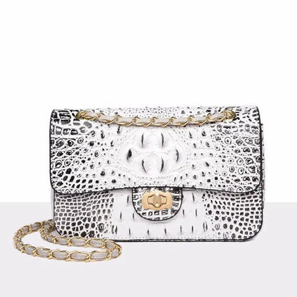 Textured Leather Crossbody Bag With Crocodile Pattern And Durable Build And Everyday Chain Strap